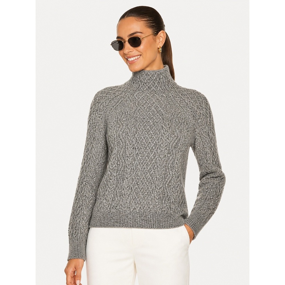 Vince Grey Merino Wool Cashmere‎ Fisherman 3D Cable Knit Mock Neck Sweater XS